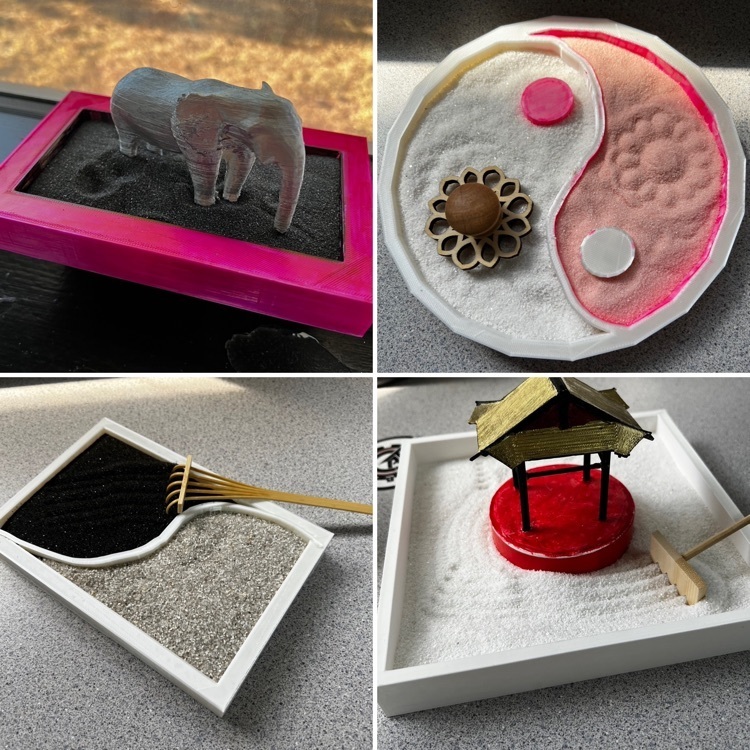 four photos collages together featuring and pink box with pink sand and a silver elephant, another is a white and pink ying yang symbol with a flower shaped press, another box is very large with black sand and a small snowman armed with a sword